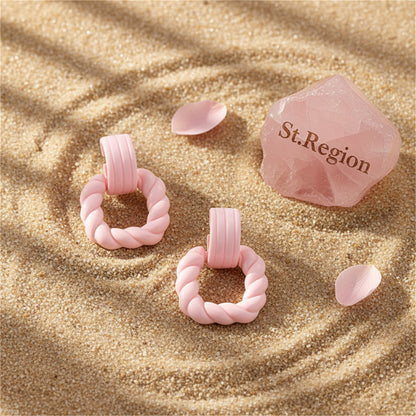Pink Spiral Hoop Earrings, drop earrings for women, dainty minimalist design, detail close-up