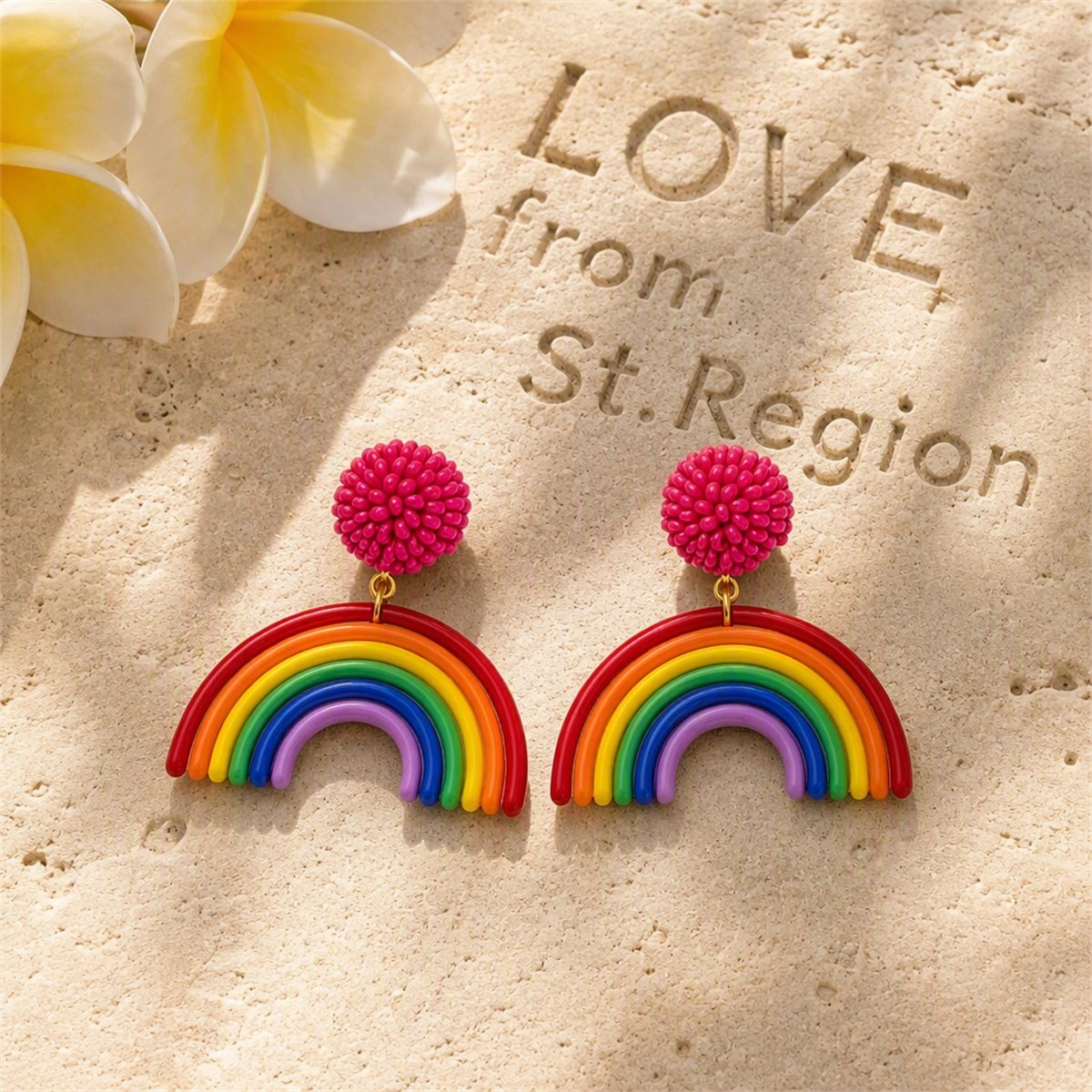 Fuchsia and Howlite 18K Gold-Plated Rainbow Arch Drop Earrings, gold drop earrings for women, lifestyle look