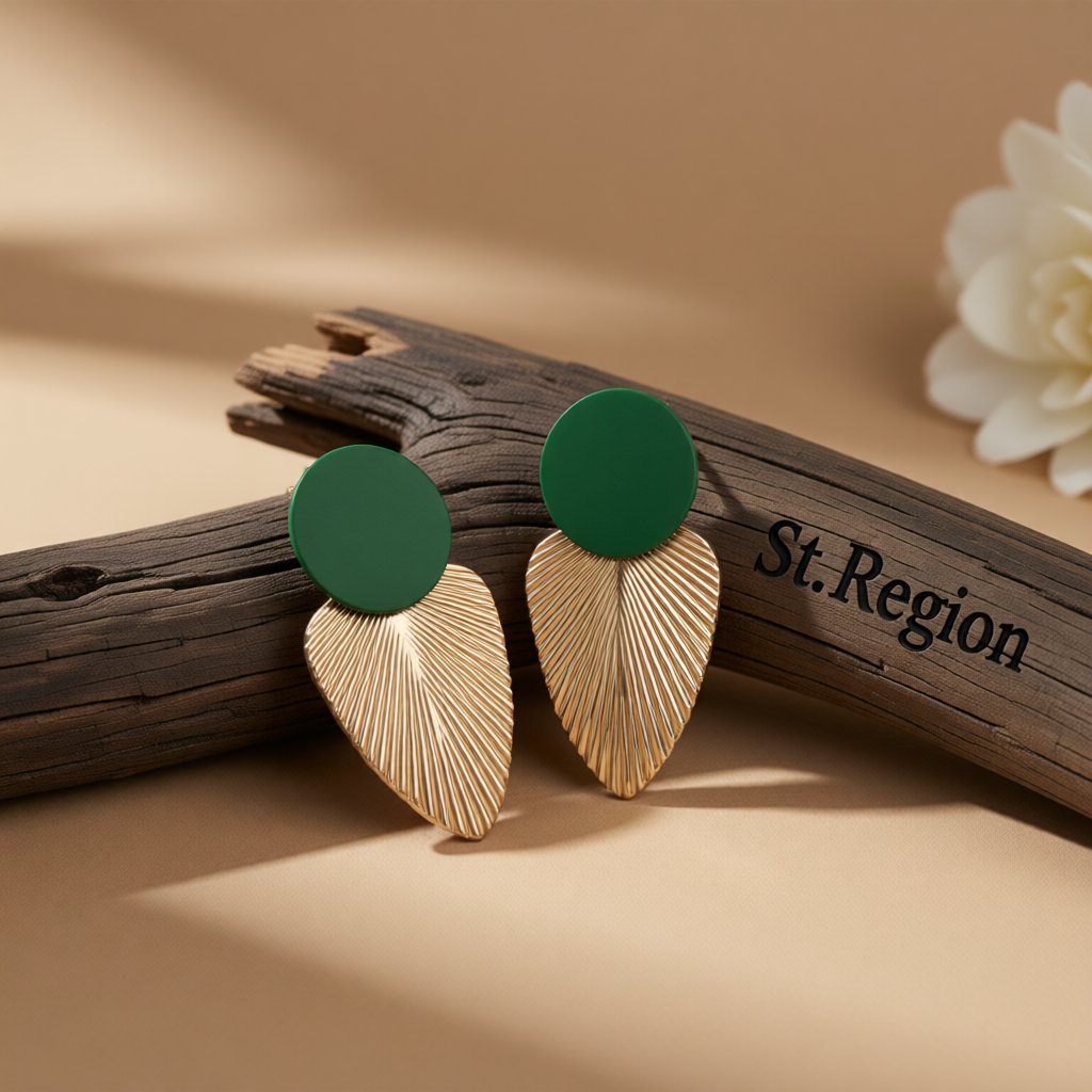 Enamel and 18K Gold-Plated Leaf Drop Earrings, gold drop earrings for women, vintage-inspired design, front view