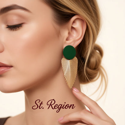 Enamel and 18K Gold-Plated Leaf Drop Earrings, gold drop earrings for women, vintage-inspired design, styled look