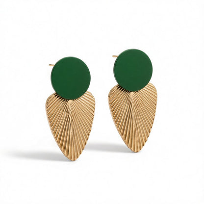 Enamel and 18K Gold-Plated Leaf Drop Earrings, gold drop earrings for women, vintage-inspired design, side view