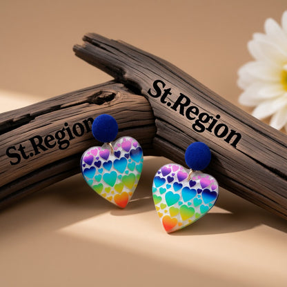 Blue and Yellow Rainbow Heart Drop Earrings, drop earrings for women, dainty minimalist design, front view