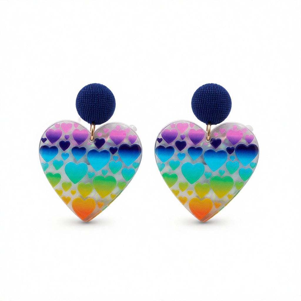 Blue and Yellow Rainbow Heart Drop Earrings, drop earrings for women, dainty minimalist design, side view
