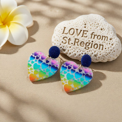 Blue and Yellow Rainbow Heart Drop Earrings, drop earrings for women, dainty minimalist design, lifestyle look