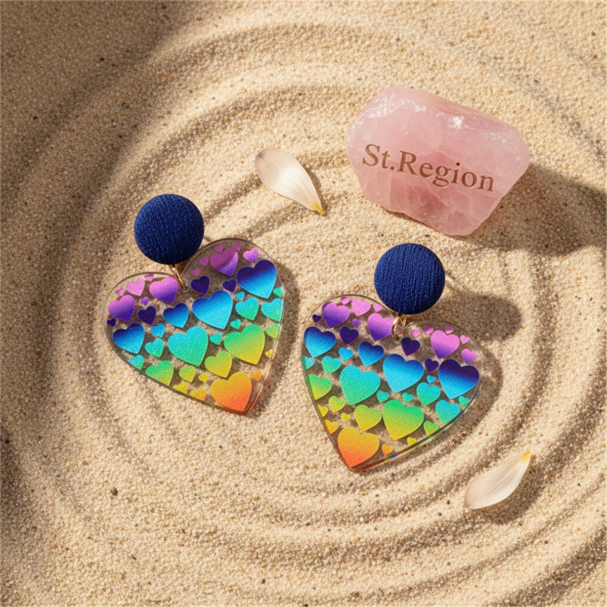 Blue and Yellow Rainbow Heart Drop Earrings, drop earrings for women, dainty minimalist design, detail close-up