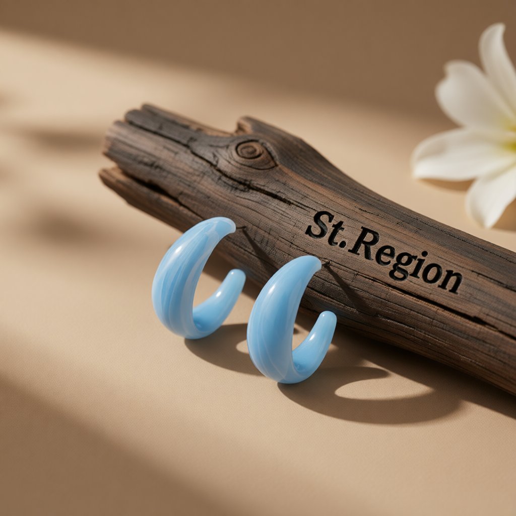 Light Blue Resin and Silver-Plated Huggie Earrings, silver huggie earrings, vintage-inspired design, front view