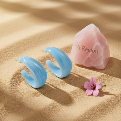 Light Blue Resin and Silver-Plated Huggie Earrings, silver huggie earrings, vintage-inspired design, detail close-up