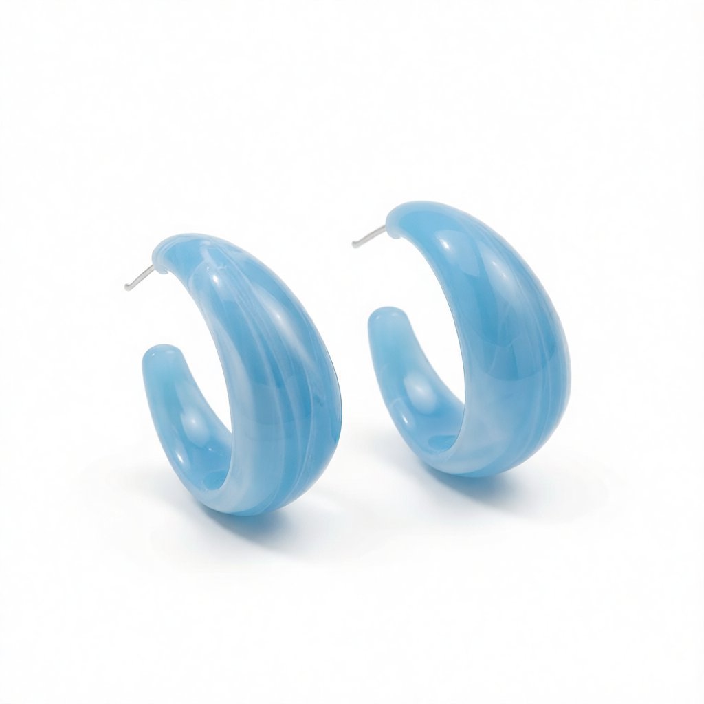 Light Blue Resin and Silver-Plated Huggie Earrings, silver huggie earrings, vintage-inspired design, side view