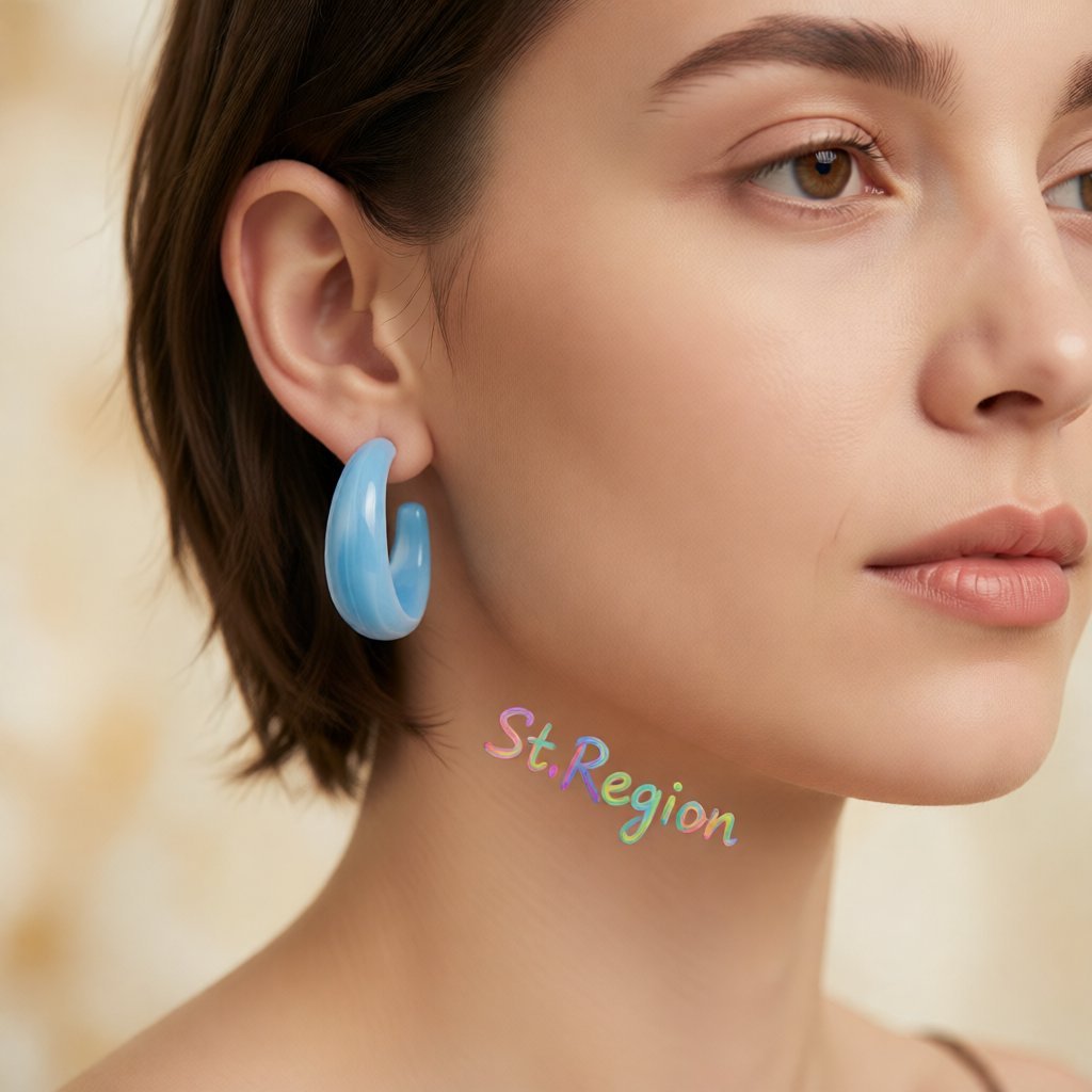 Light Blue Resin and Silver-Plated Huggie Earrings, silver huggie earrings, vintage-inspired design, styled look