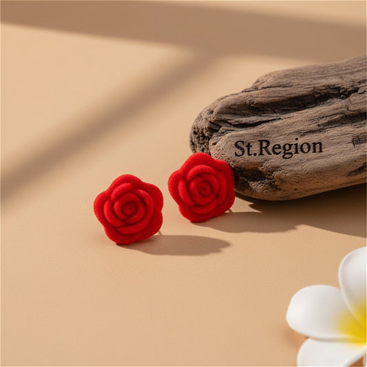 Red Flocking and Silver-Plated Flocked Rose Stud Earrings, cubic zirconia stud earrings for women, front view