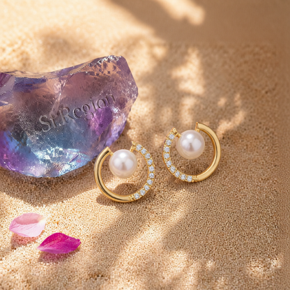 Cubic Zirconia & Pearl 18K Gold-Plated Round Stud Earrings