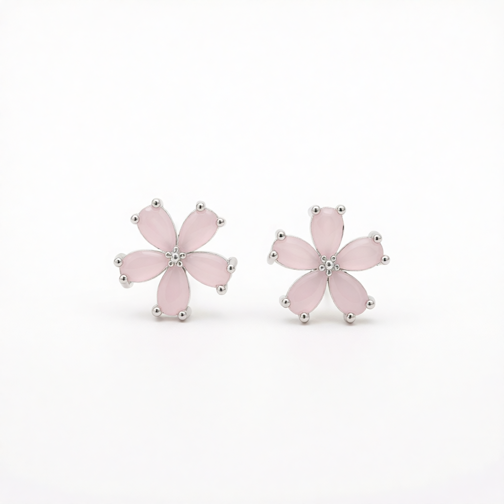 Cats Eye & Silver-Plated Flower Stud Earrings