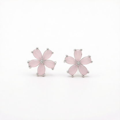 Cats Eye & Silver-Plated Flower Stud Earrings