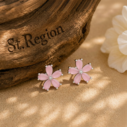 Cats Eye & Silver-Plated Flower Stud Earrings