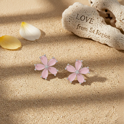 Cats Eye & Silver-Plated Flower Stud Earrings