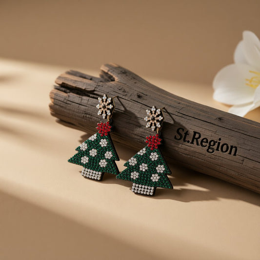 Green and Red Cubic Zirconia Christmas Tree Drop Earrings, drop earrings for women, elegant gift for her, front view
