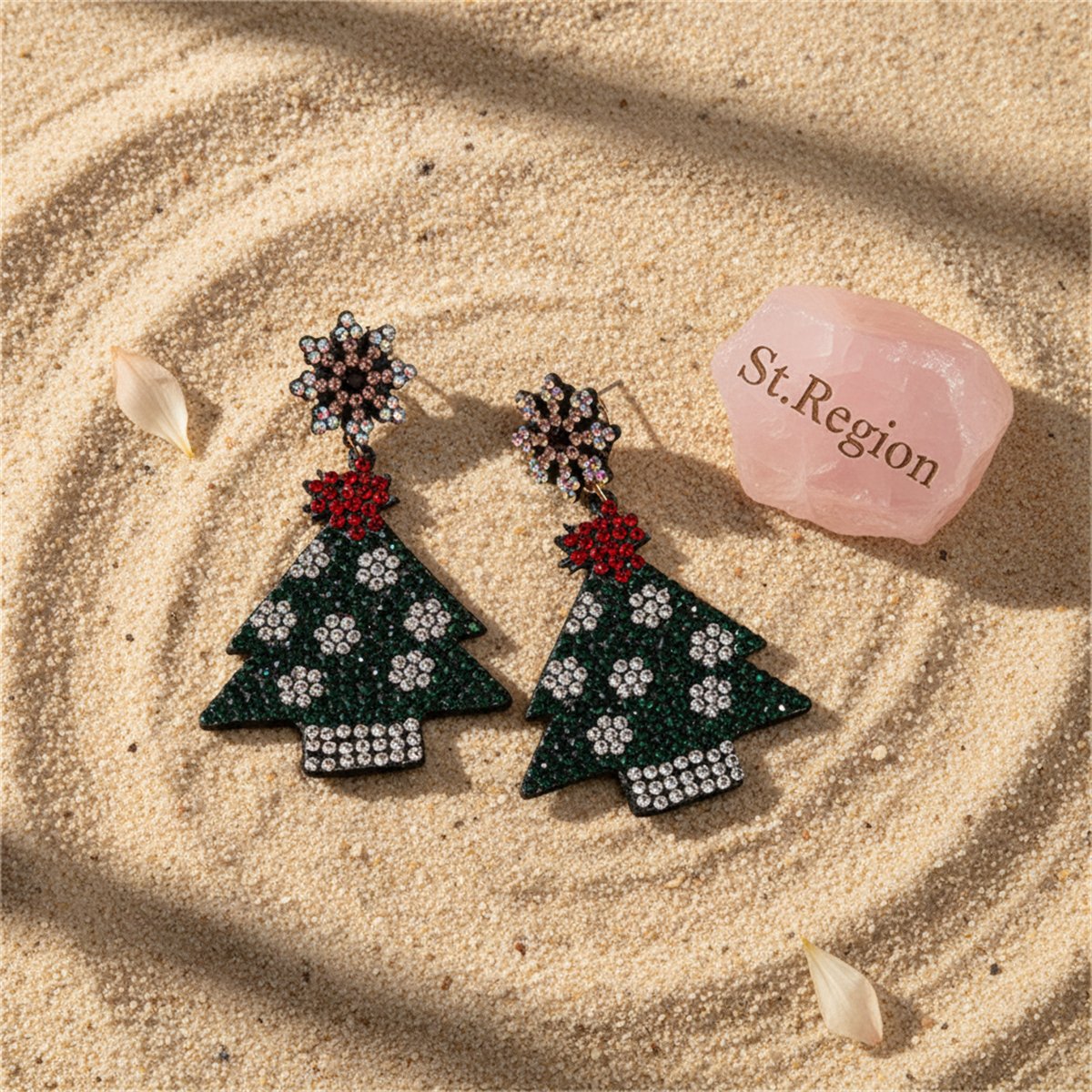 Green and Red Cubic Zirconia Christmas Tree Drop Earrings, drop earrings for women, detail close-up