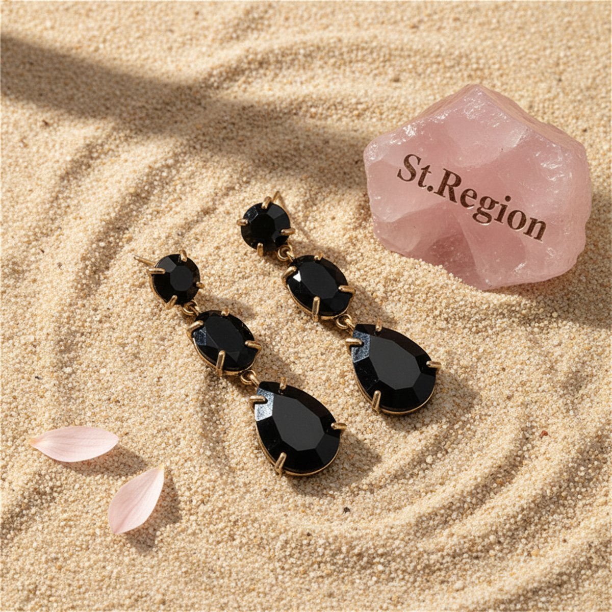 Black Crystal and 18K Gold-Plated Oval Pear Drop Earrings, gold drop earrings for women, botanical inspired, detail close-up