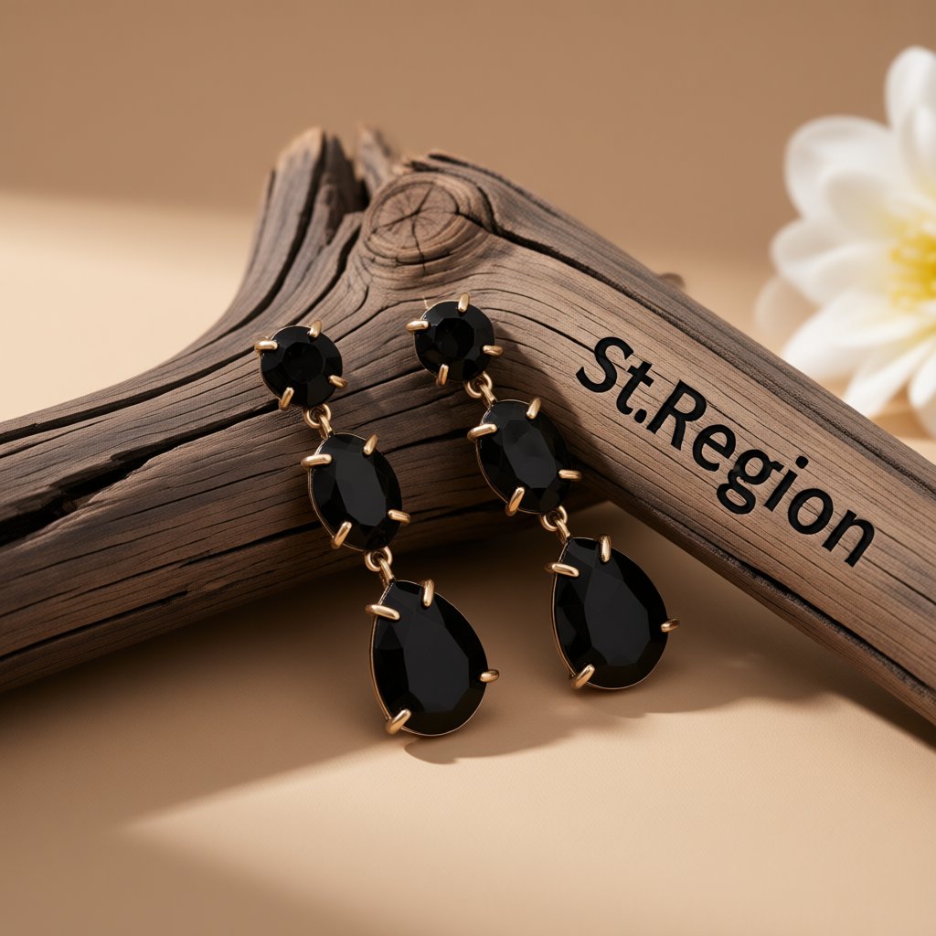 Black Crystal and 18K Gold-Plated Oval Pear Drop Earrings, gold drop earrings for women, botanical inspired, front view