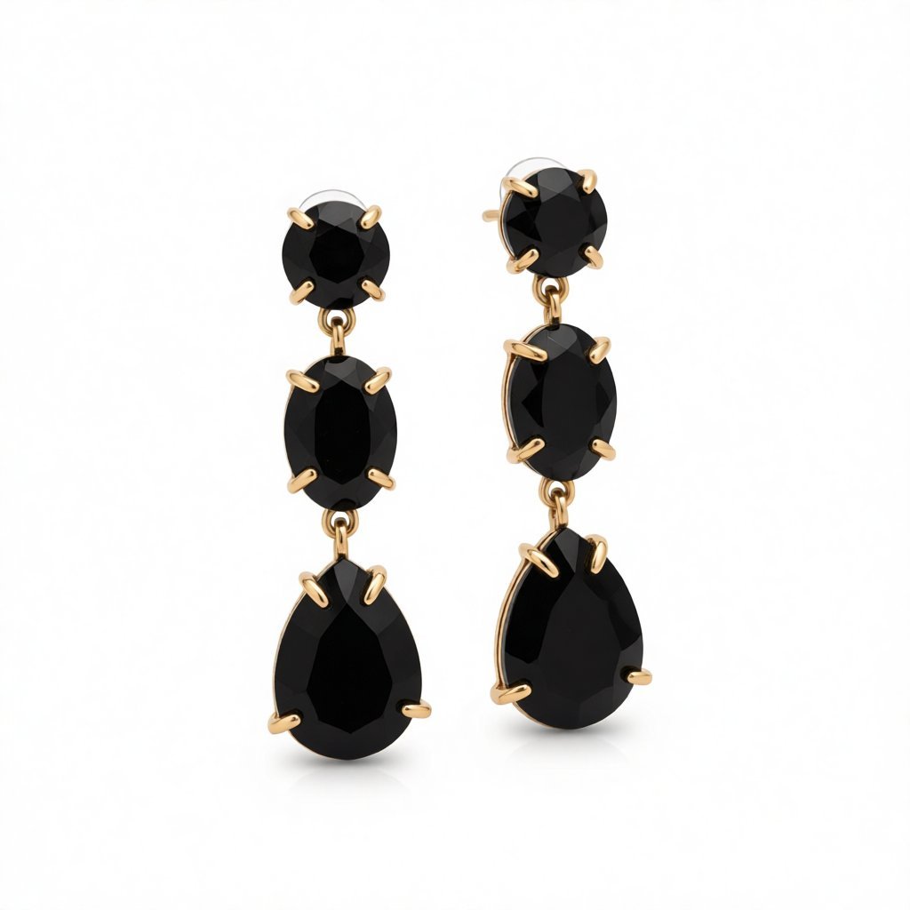 Black Crystal and 18K Gold-Plated Oval Pear Drop Earrings, gold drop earrings for women, botanical inspired, side view