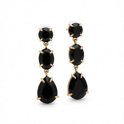Black Crystal and 18K Gold-Plated Oval Pear Drop Earrings, gold drop earrings for women, botanical inspired, side view