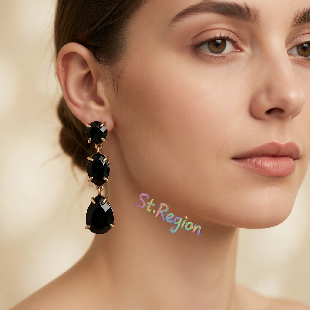 Black Crystal and 18K Gold-Plated Oval Pear Drop Earrings, gold drop earrings for women, botanical inspired, styled look