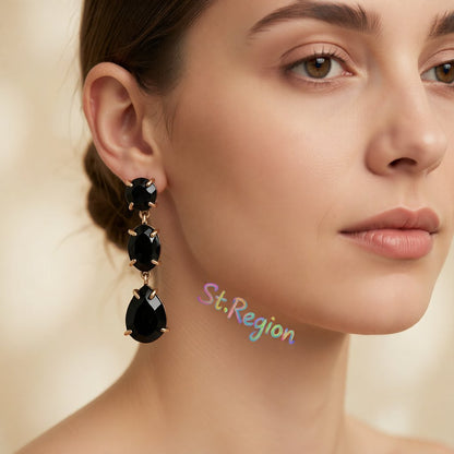 Black Crystal and 18K Gold-Plated Oval Pear Drop Earrings, gold drop earrings for women, botanical inspired, styled look