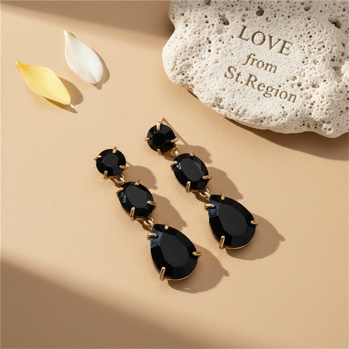 Black Crystal and 18K Gold-Plated Oval Pear Drop Earrings, gold drop earrings for women, botanical inspired, lifestyle look