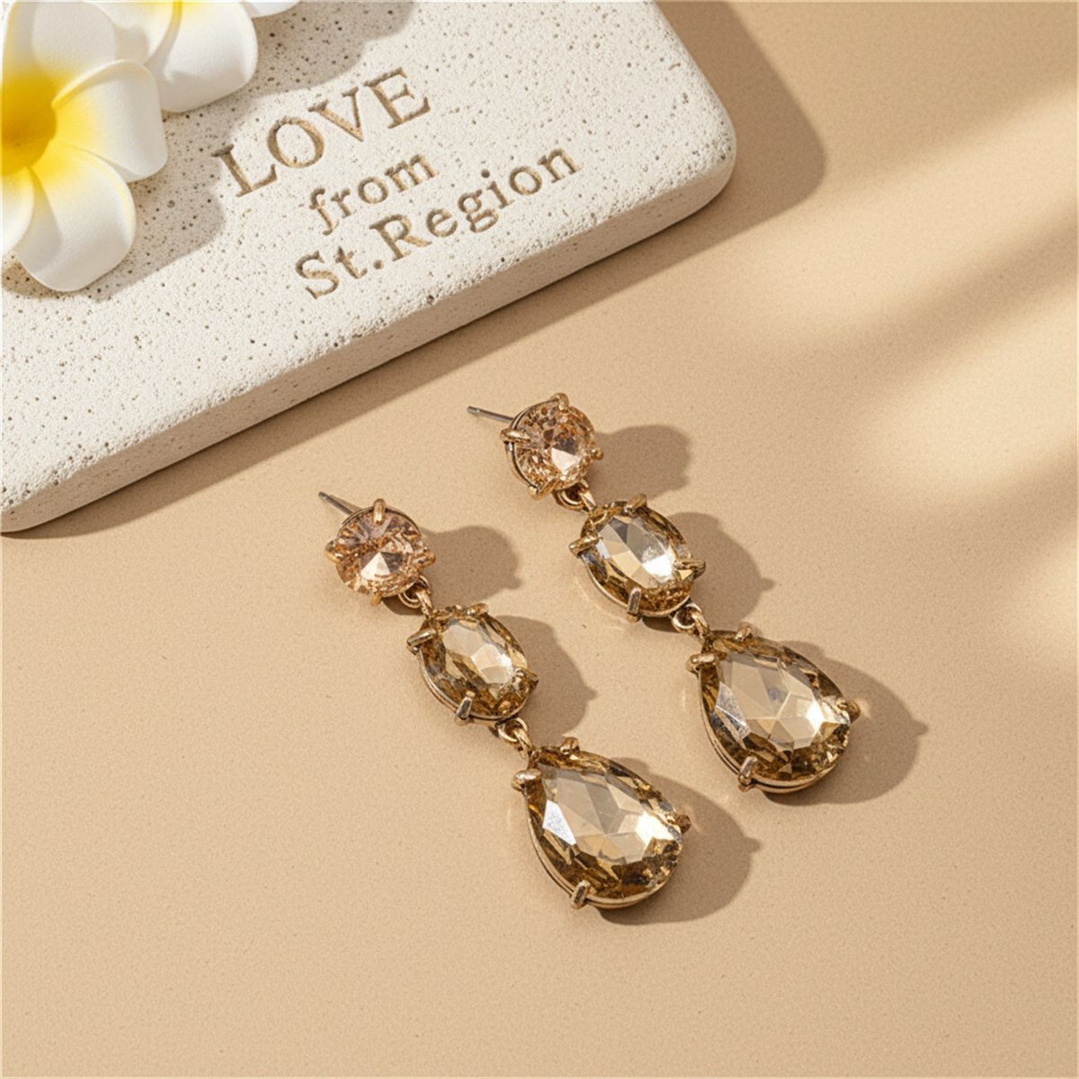 Champagne Crystal and 18K Gold-Plated Oval Pear Drop Earrings, gold drop earrings for women, lifestyle look