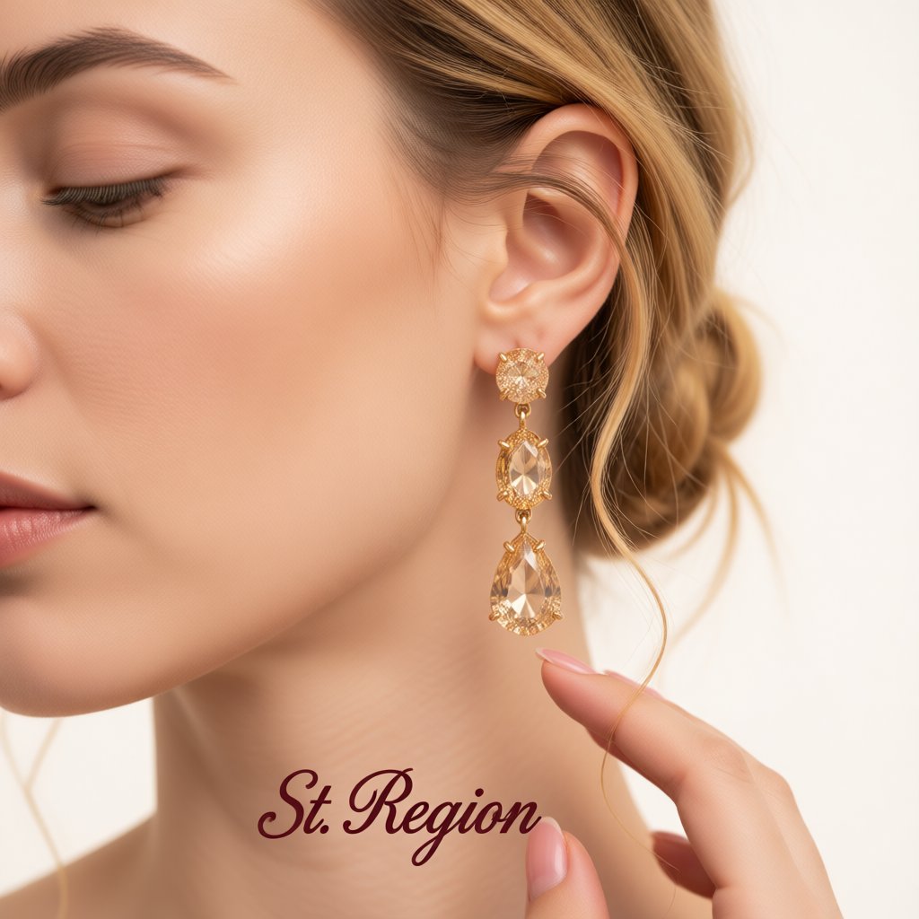 Champagne Crystal and 18K Gold-Plated Oval Pear Drop Earrings, gold drop earrings for women, styled look