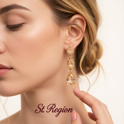 Champagne Crystal and 18K Gold-Plated Oval Pear Drop Earrings, gold drop earrings for women, styled look