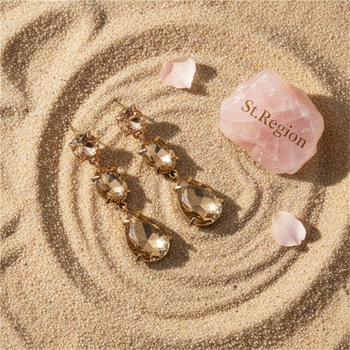 Champagne Crystal and 18K Gold-Plated Oval Pear Drop Earrings, gold drop earrings for women, detail close-up