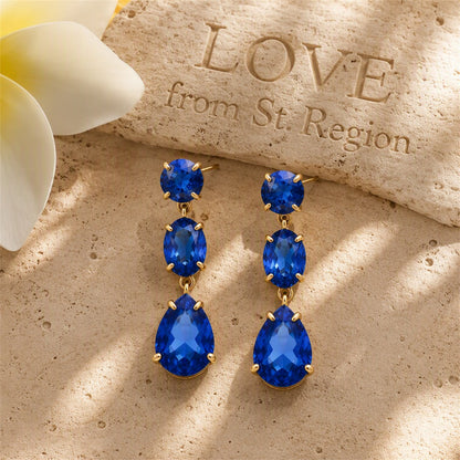 Navy Crystal and 18K Gold-Plated Oval Pear Drop Earrings, gold drop earrings for women, lifestyle look