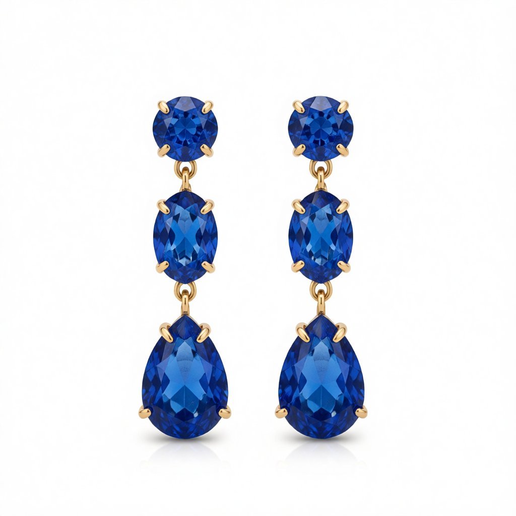Navy Crystal and 18K Gold-Plated Oval Pear Drop Earrings, gold drop earrings for women, detail close-up