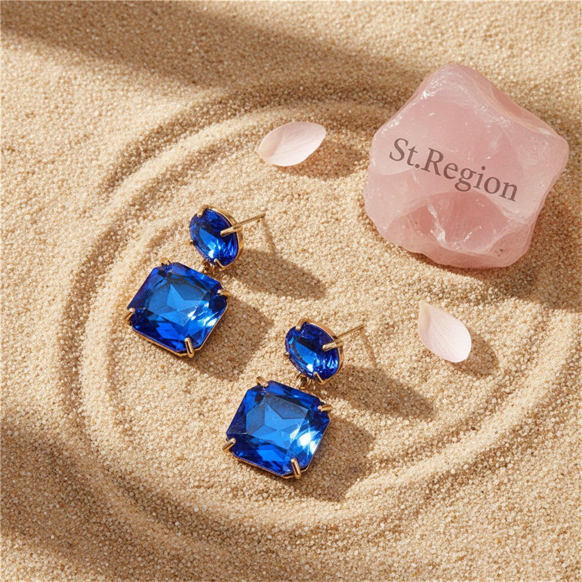 Navy Crystal and 18K Gold-Plated Square Drop Earrings, gold drop earrings for women, elegant gift for her, detail close-up