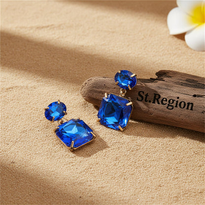 Navy Crystal and 18K Gold-Plated Square Drop Earrings, gold drop earrings for women, elegant gift for her, front view