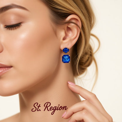 Navy Crystal and 18K Gold-Plated Square Drop Earrings, gold drop earrings for women, elegant gift for her, styled look