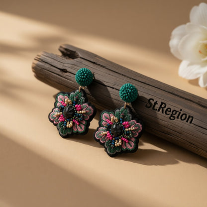 Green and Pink Howlite 18K Gold-Plated Snowflake Drop Earrings, gold drop earrings for women, botanical inspired, front view