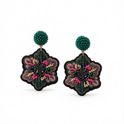 Green and Pink Howlite 18K Gold-Plated Snowflake Drop Earrings, gold drop earrings for women, botanical inspired, side view