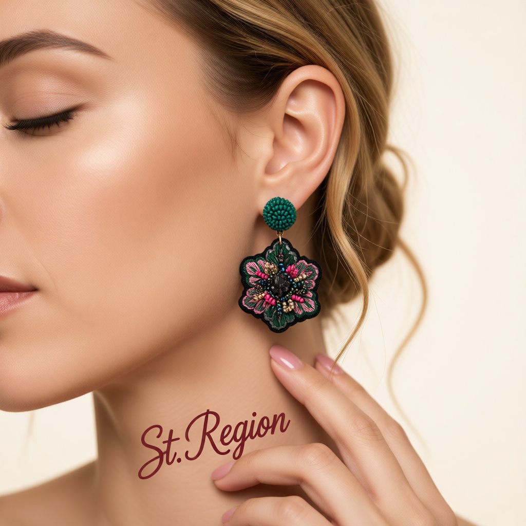Green and Pink Howlite 18K Gold-Plated Snowflake Drop Earrings, gold drop earrings for women, botanical inspired, styled look