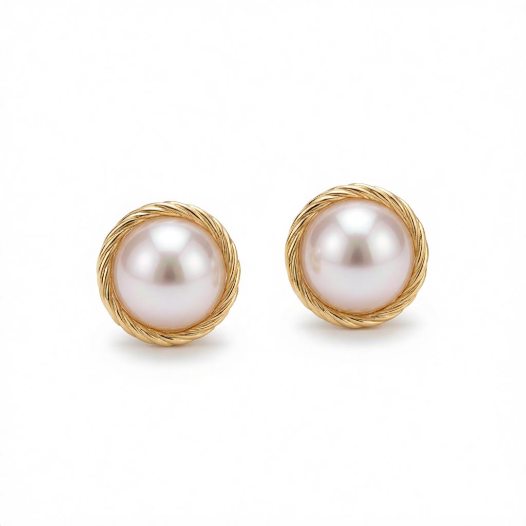 Pearl and 18K Gold-Plated Twine Round Stud Earrings, cubic zirconia stud earrings for women, elegant gift for her, side view