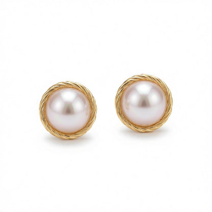 Pearl and 18K Gold-Plated Twine Round Stud Earrings, cubic zirconia stud earrings for women, elegant gift for her, side view