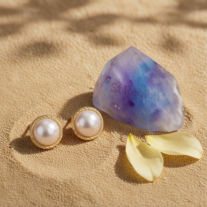 Pearl and 18K Gold-Plated Twine Round Stud Earrings, cubic zirconia stud earrings for women, detail close-up