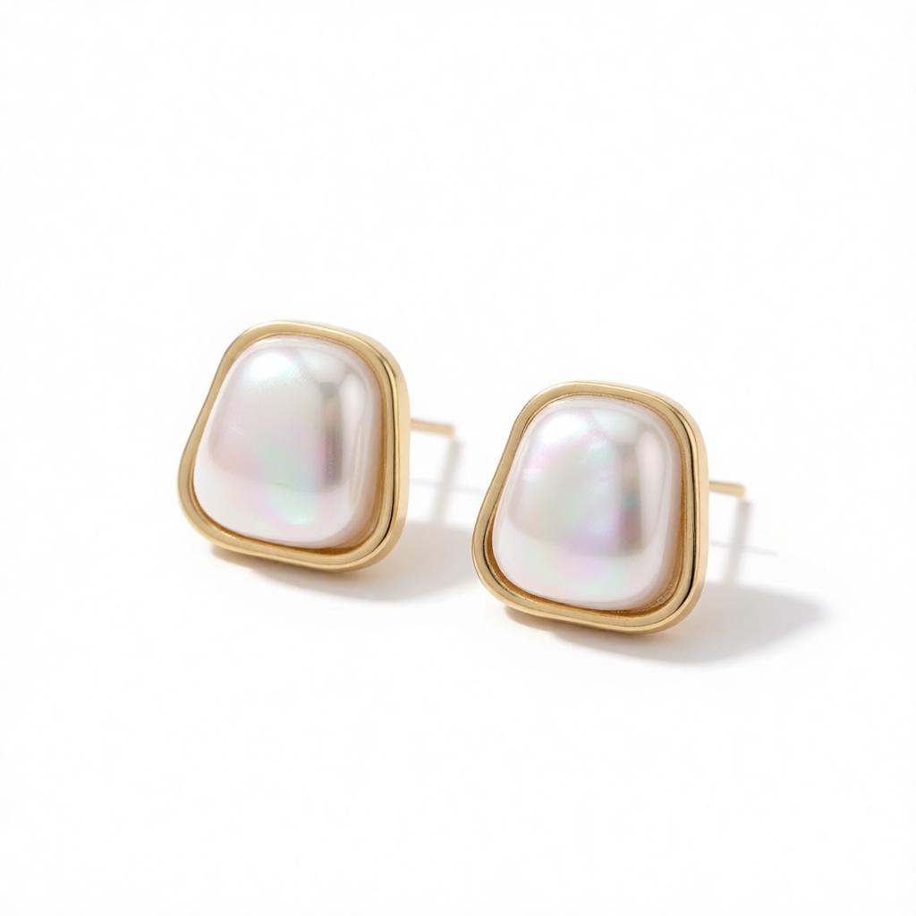 Pearl and 18K Gold-Plated Ladder Stud Earrings, cubic zirconia stud earrings for women, botanical inspired, side view