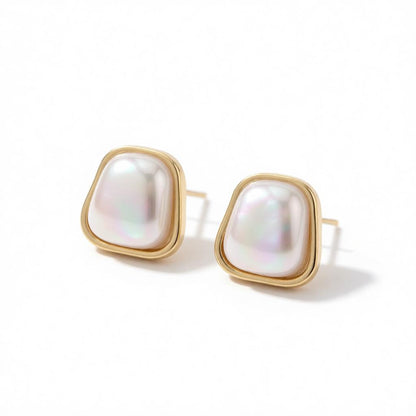 Pearl and 18K Gold-Plated Ladder Stud Earrings, cubic zirconia stud earrings for women, botanical inspired, side view