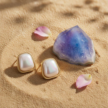 Pearl and 18K Gold-Plated Ladder Stud Earrings, cubic zirconia stud earrings for women, botanical inspired, detail close-up