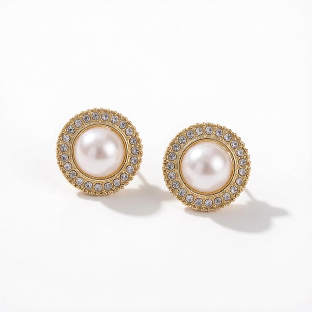 Pearl and Cubic Zirconia 18K Gold-Plated Halo Round Stud Earrings, cubic zirconia stud earrings for women, side view