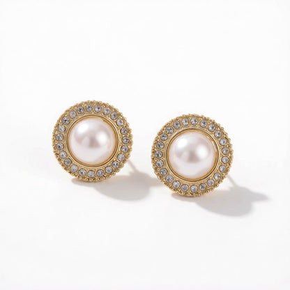 Pearl and Cubic Zirconia 18K Gold-Plated Halo Round Stud Earrings, cubic zirconia stud earrings for women, side view