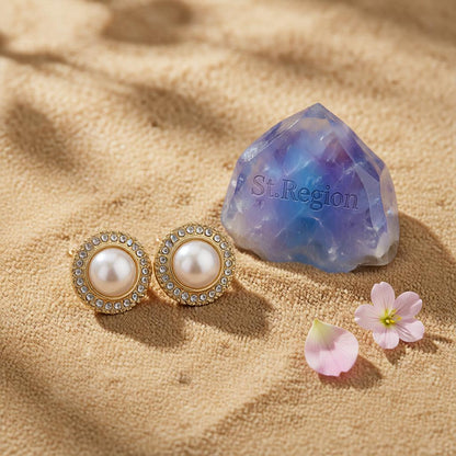 Pearl and Cubic Zirconia 18K Gold-Plated Halo Round Stud Earrings, cubic zirconia stud earrings for women, detail close-up