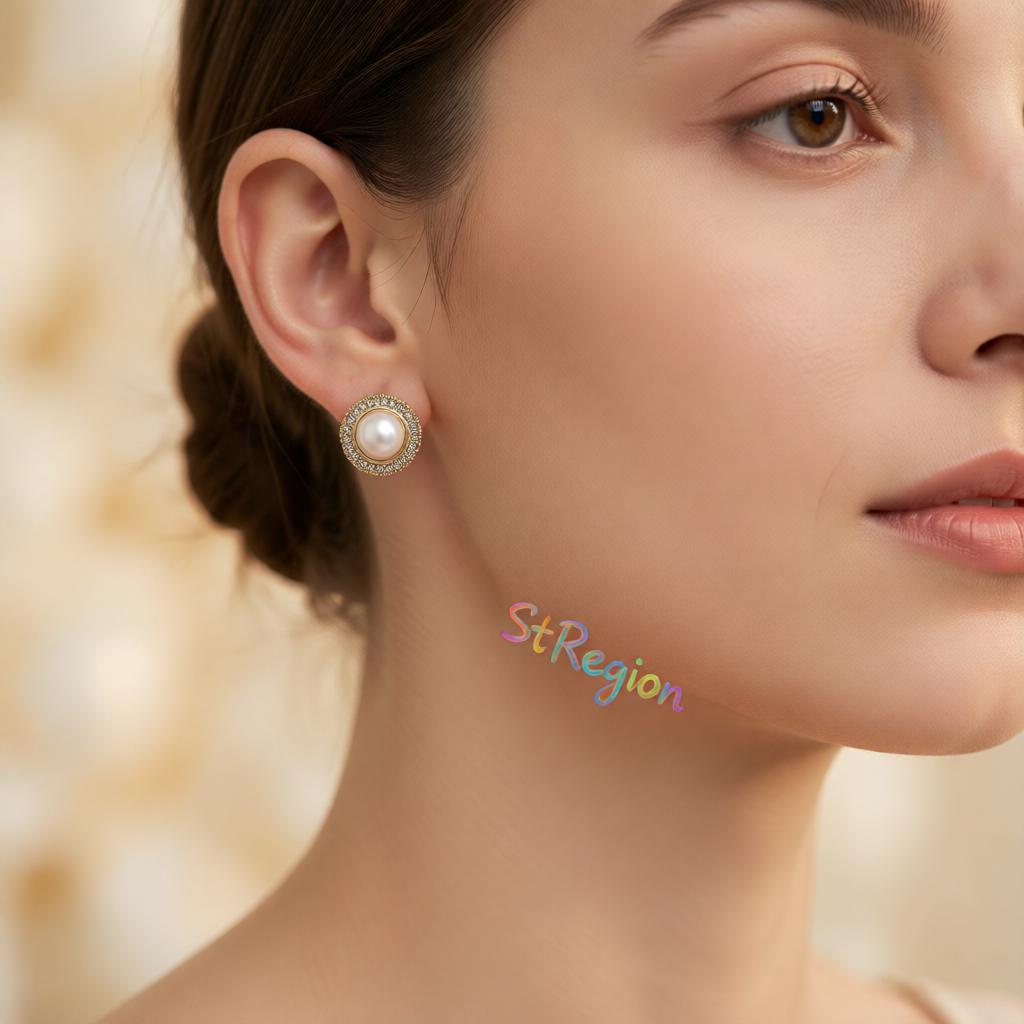 Pearl and Cubic Zirconia 18K Gold-Plated Halo Round Stud Earrings, cubic zirconia stud earrings for women, styled look